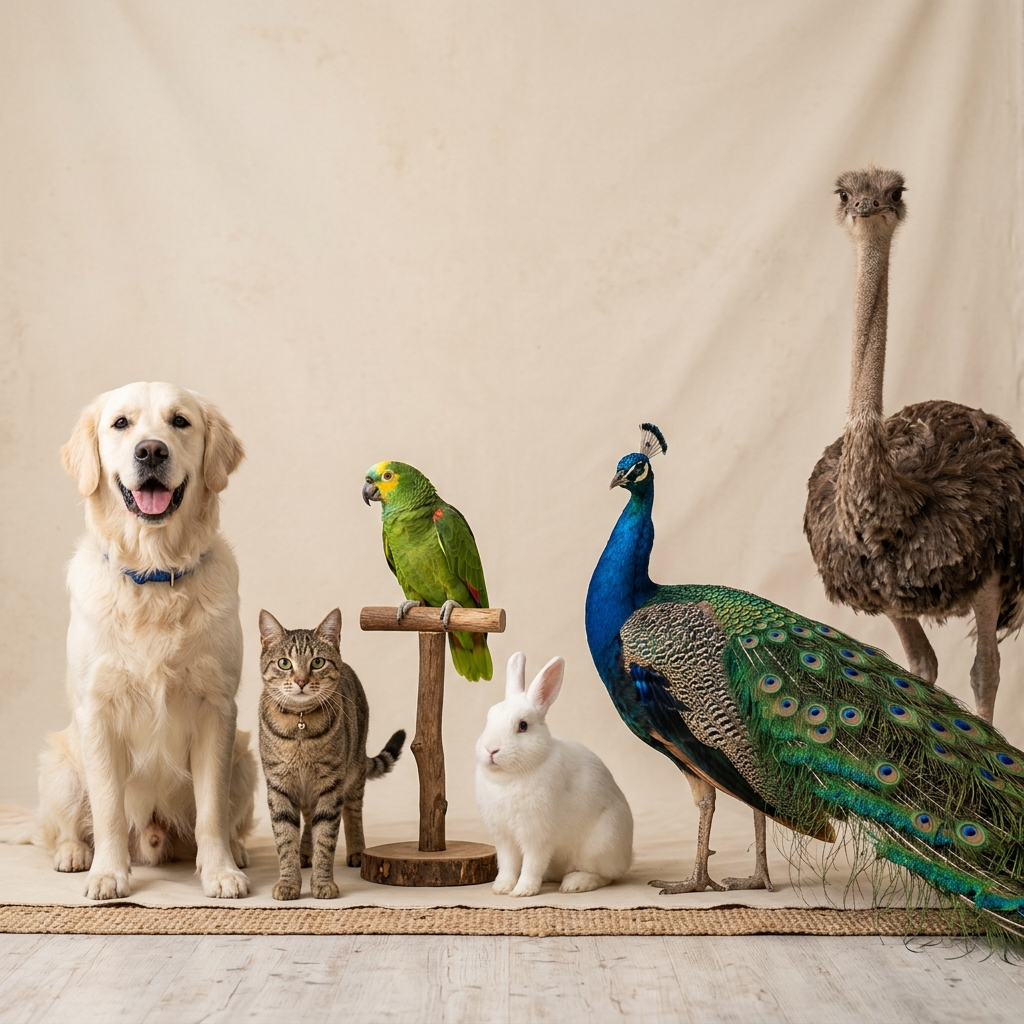 Happy pets Golden Retriever, Cat, Parrot, Rabbit, Peacock, Ostrich