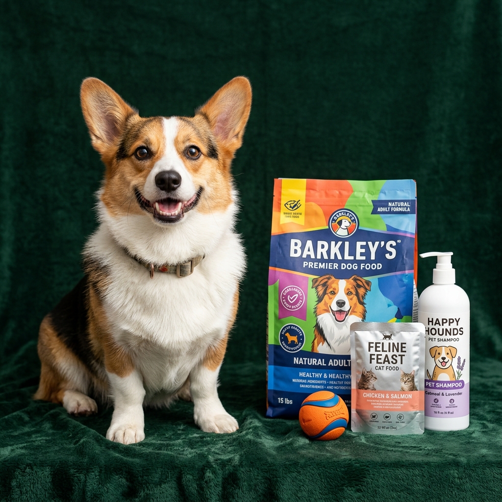 Happy pet products and smiling Corgi dog